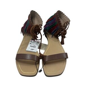 Zara Woman Leather Fringe Sandals Brown Multi Color Lace Up Boho Flat 40 NEW